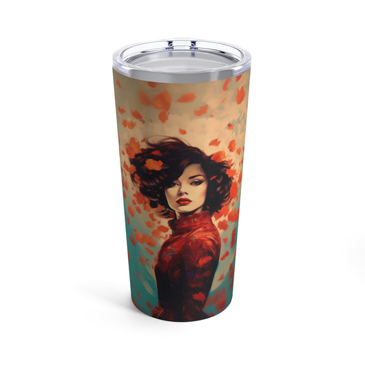 Retro inspired art print of a woman on a Tumbler 20oz; Tumbler Autumn Vibes 20oz - by Pink Power Studio #gift for girlfriend #gift for wife #birthday gift #gift for her #70s #70ies