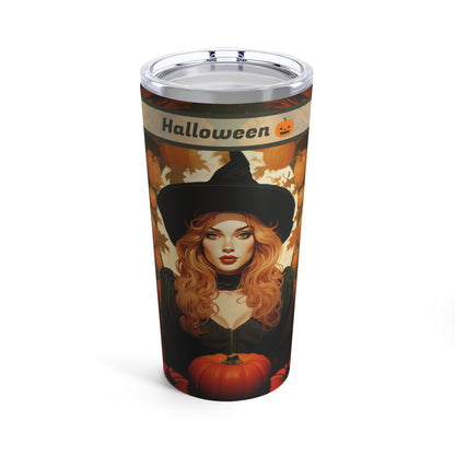 Retro inspired art print of a woman on a Tumbler 20oz; Personalized Tumbler Autumn Vibes 20oz - Halloween - by Pink Power Studio #gift for girlfriend #gift for wife #birthday gift #gift for her #70s #70ies