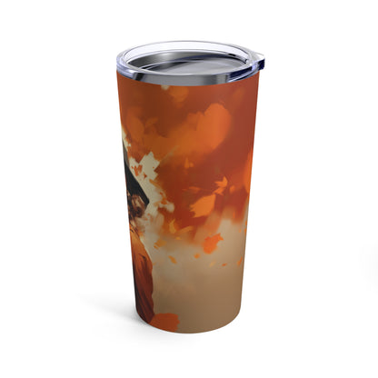 Retro inspired art print of a woman on a Tumbler 20oz; Tumbler Autumn Vibes 20oz - by Pink Power Studio #gift for girlfriend #gift for wife #birthday gift #gift for her #70s #70ies