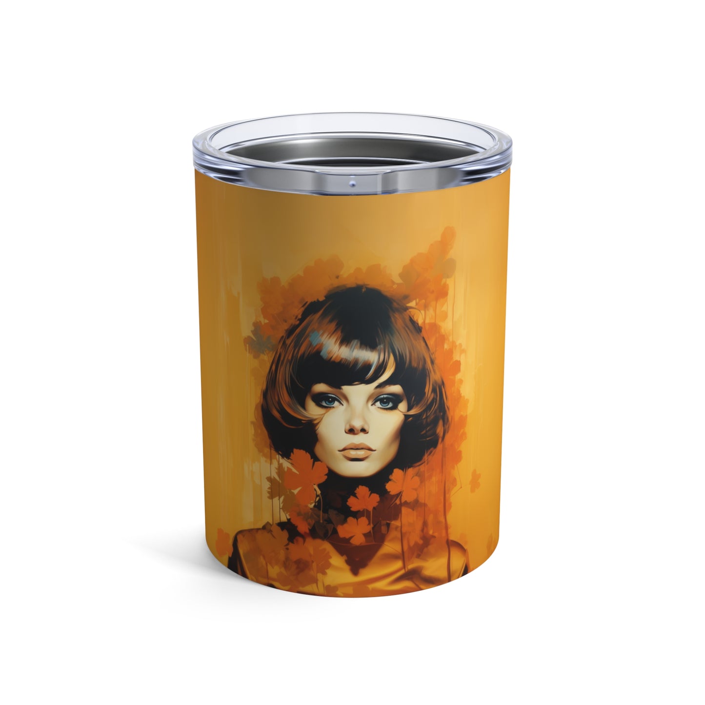 Retro inspired art print of a woman on a Tumbler 10oz; Tumbler Autumn Vibes 10oz - by Pink Power Studio #gift for girlfriend #gift for wife #birthday gift #gift for her #70s #70ies