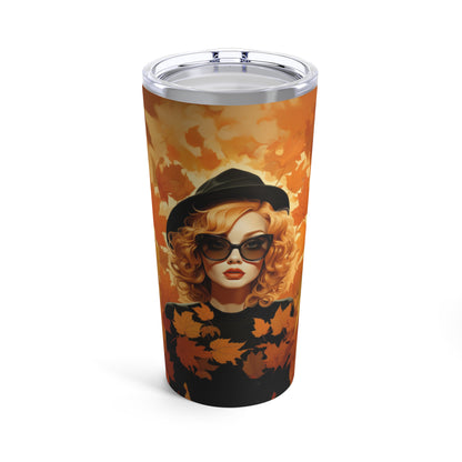 Retro inspired art print of a woman on a Tumbler 20oz; Tumbler Autumn Vibes 20oz - by Pink Power Studio #gift for girlfriend #gift for wife #birthday gift #gift for her #70s #70ies