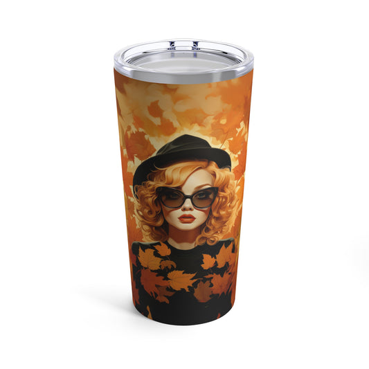 Retro inspired art print of a woman on a Tumbler 20oz; Tumbler Autumn Vibes 20oz - by Pink Power Studio #gift for girlfriend #gift for wife #birthday gift #gift for her #70s #70ies