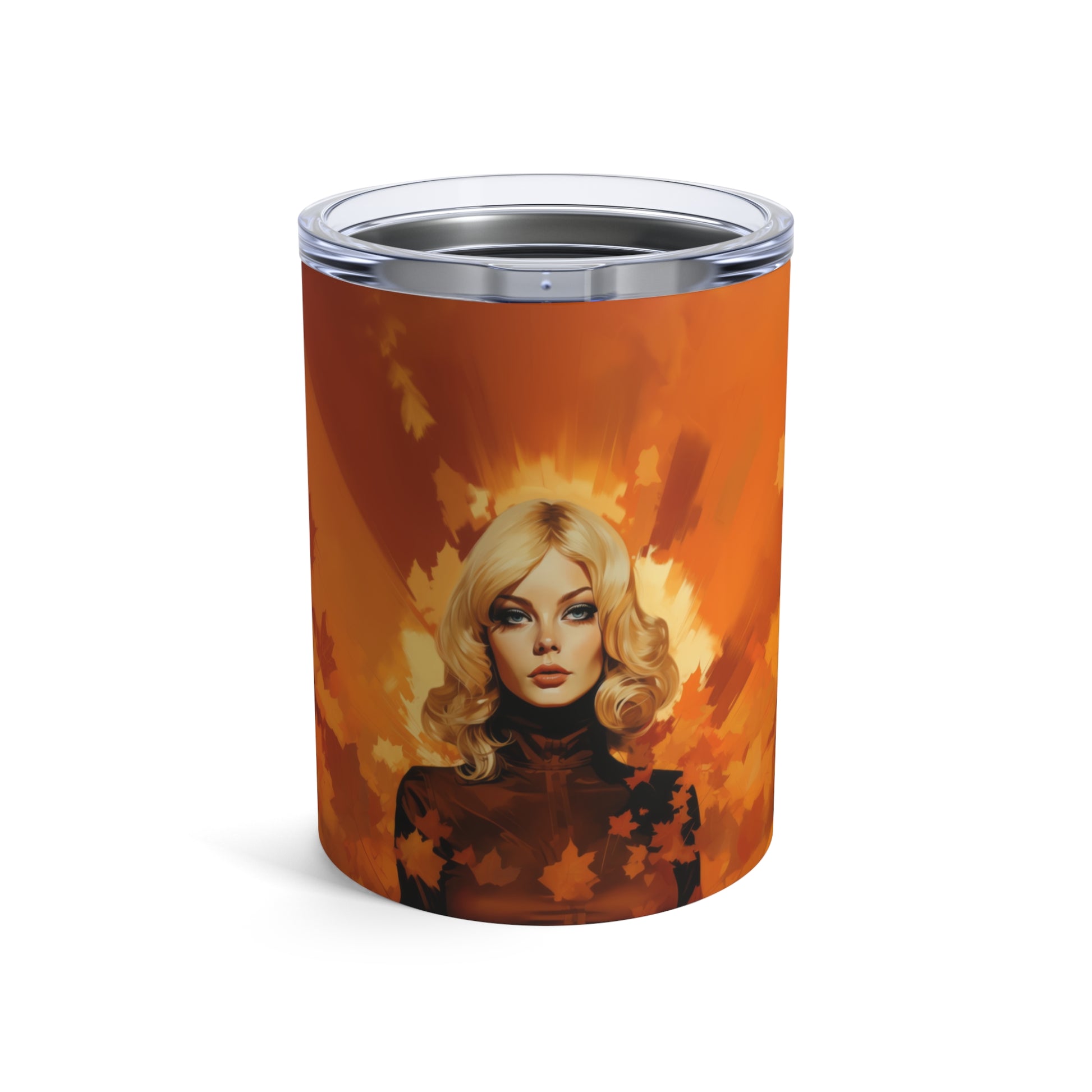 Retro inspired art print of a woman on a Tumbler 10oz; Tumbler Autumn Vibes 10oz - by Pink Power Studio #gift for girlfriend #gift for wife #birthday gift #gift for her #70s #70ies