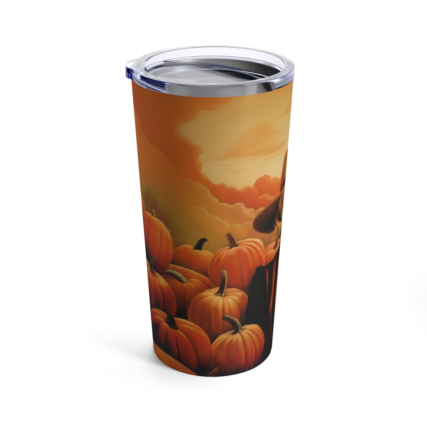 Retro inspired art print of a woman on a Tumbler 20 oz; Tumbler Autumn Vibes 20oz - Halloween - by Pink Power Studio #gift for girlfriend #gift for wife #birthday gift #gift for her #70s #70ies