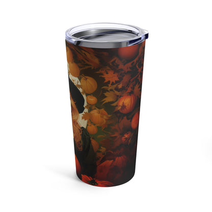 Retro inspired art print of a woman on a Tumbler 20oz; Tumbler Autumn Vibes 20oz - Halloween - by Pink Power Studio #gift for girlfriend #gift for wife #birthday gift #gift for her #70s #70ies