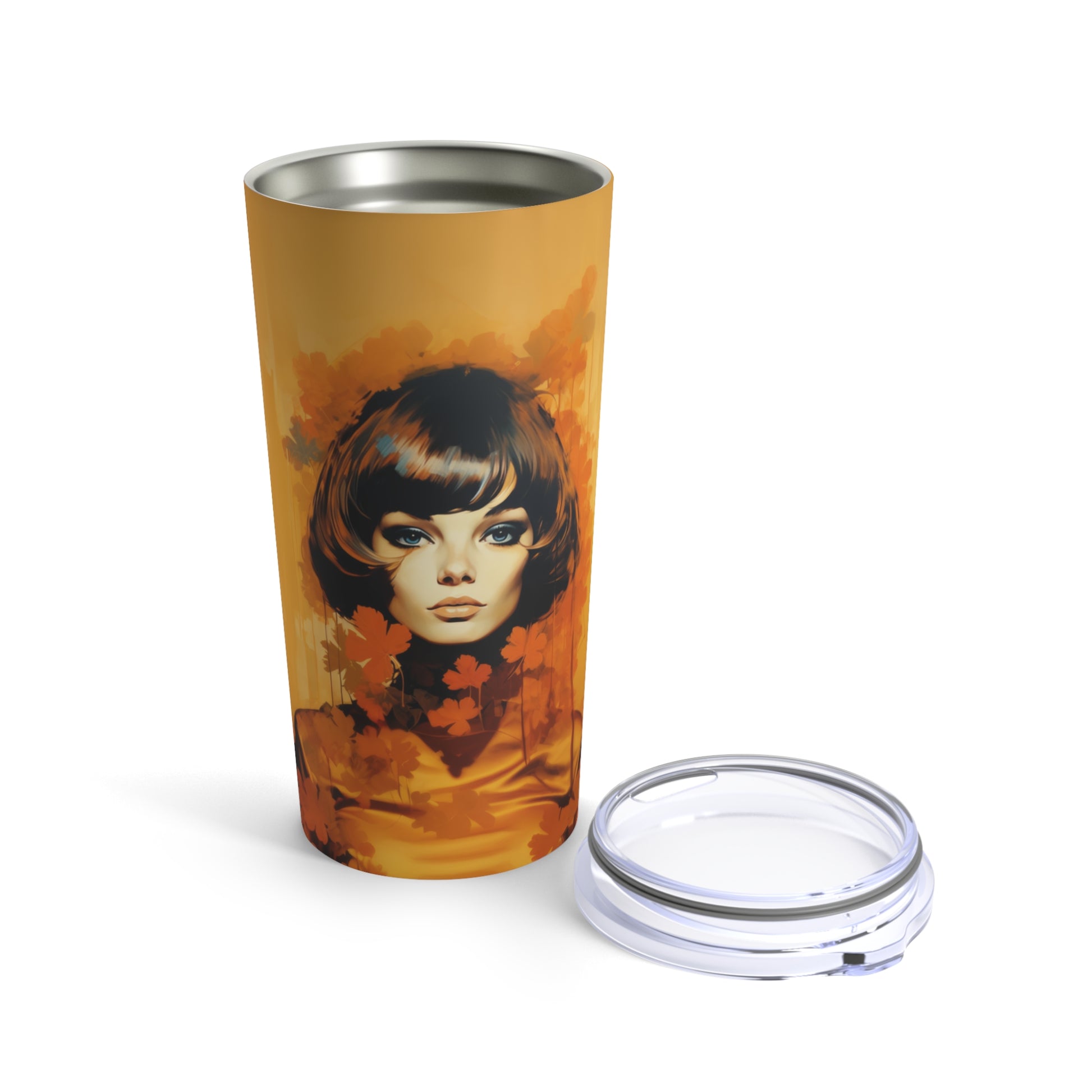 Retro inspired art print of a woman on a Tumbler 20oz; Tumbler Autumn Vibes 20oz - by Pink Power Studio #gift for girlfriend #gift for wife #birthday gift #gift for her #70s #70ies