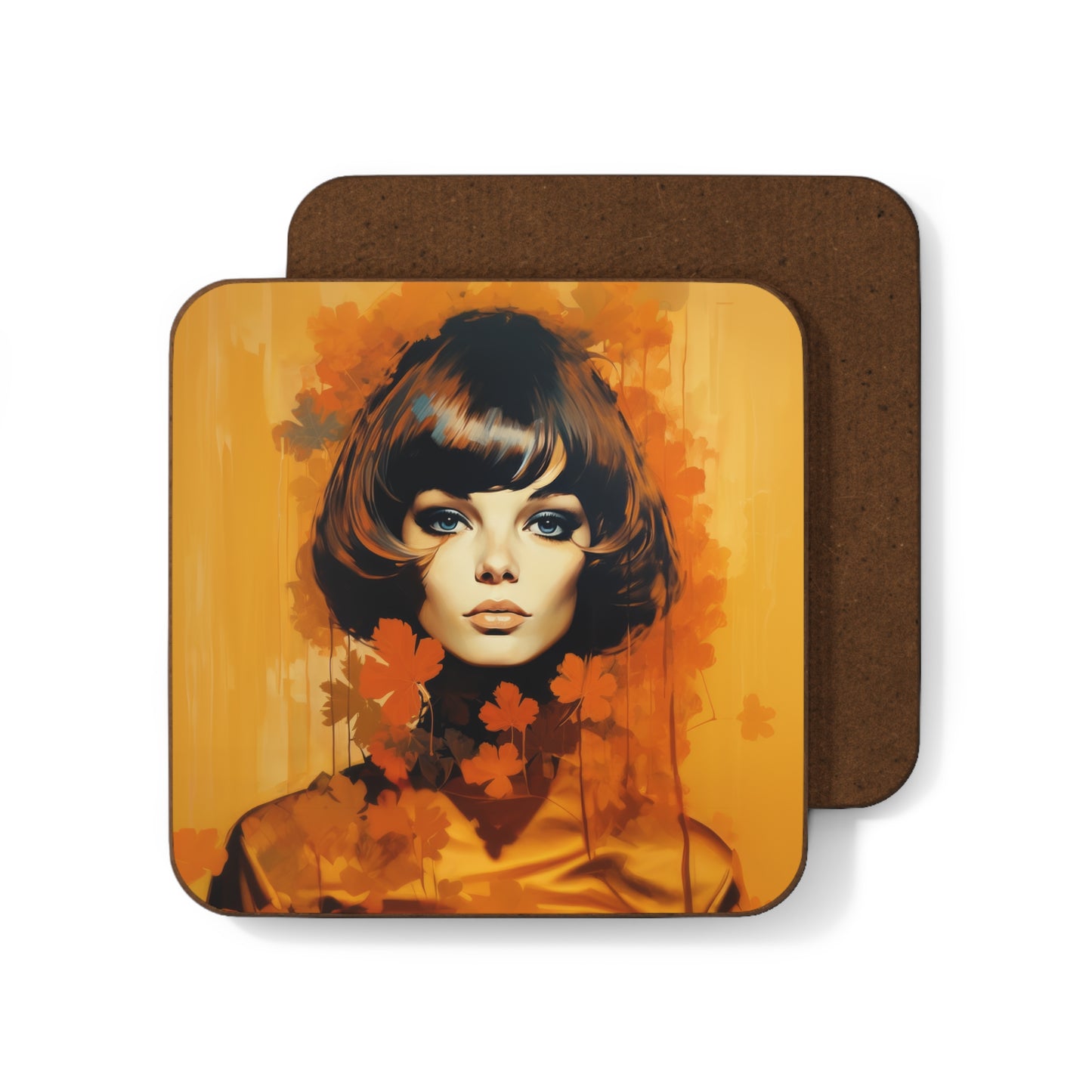 Retro inspired art print of a woman on a Home Decor; Coaster Autumn Vibes - by Pink Power Studio #gift for girlfriend #gift for wife #birthday gift #gift for her #70s #70ies