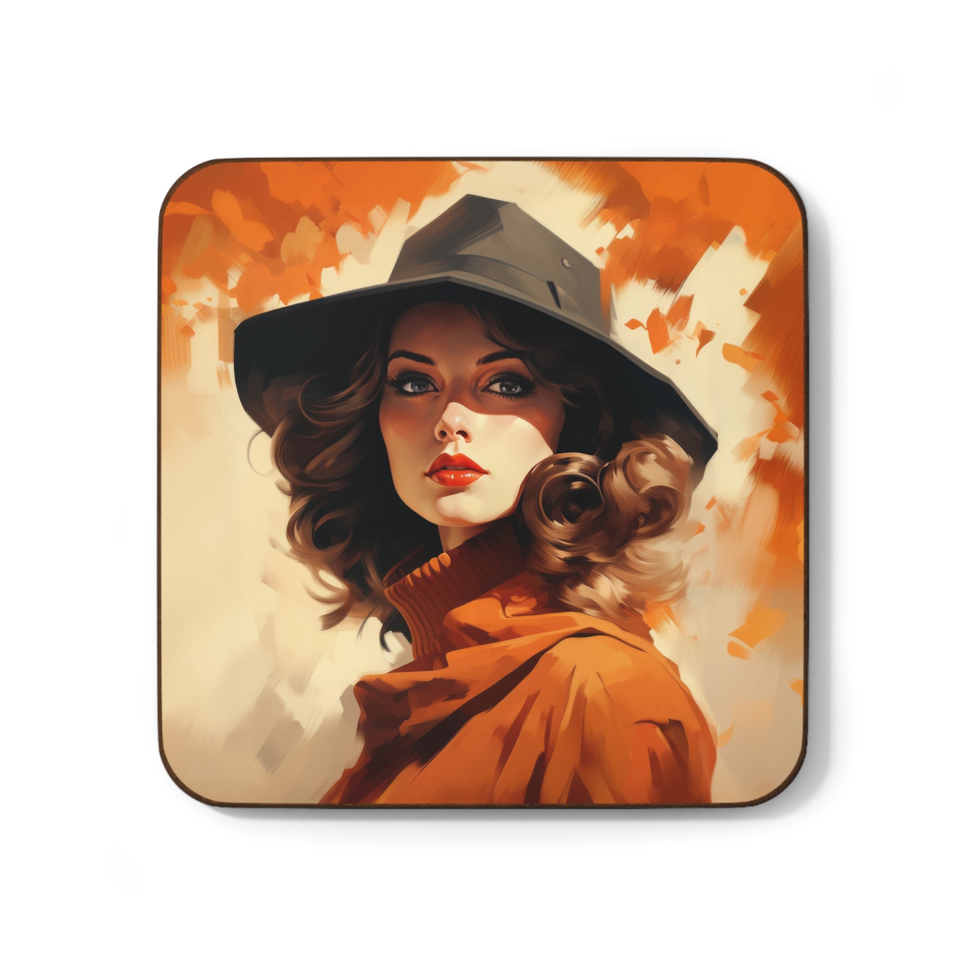 Retro inspired art print of a woman on a Home Decor; Coaster Autumn Vibes - by Pink Power Studio #gift for girlfriend #gift for wife #birthday gift #gift for her #70s #70ies