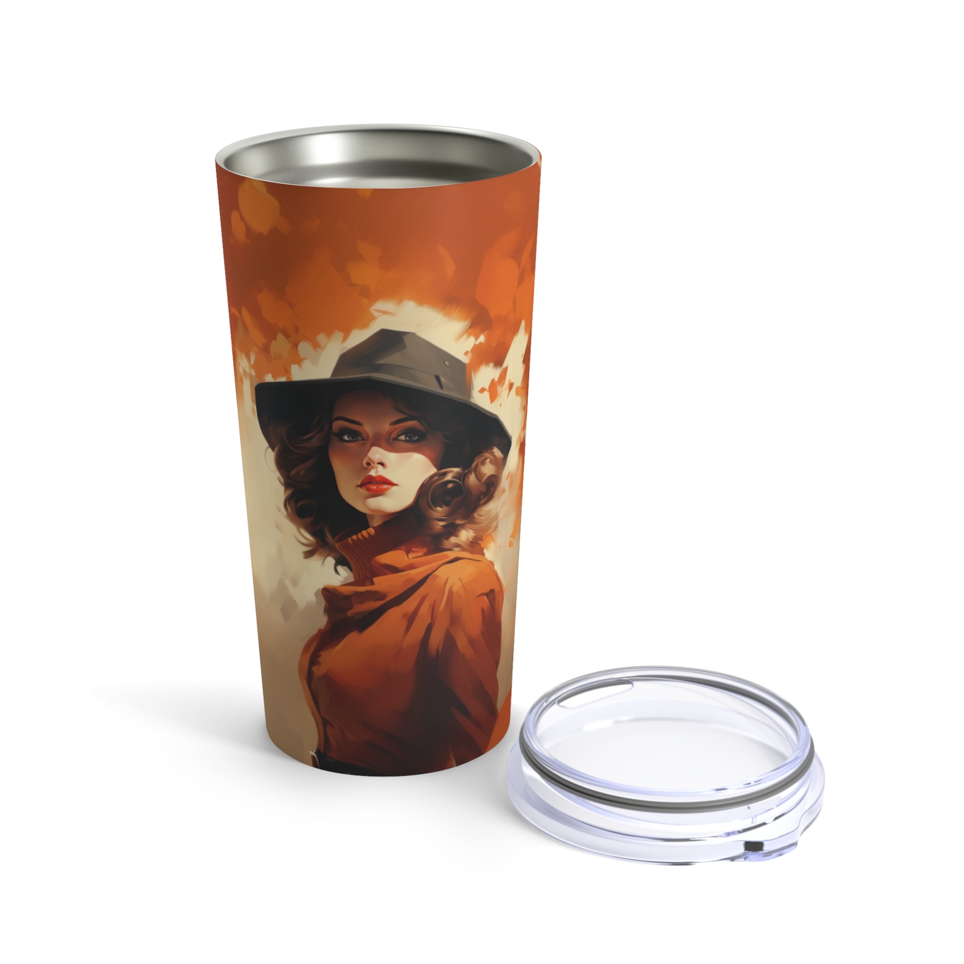 Retro inspired art print of a woman on a Tumbler 20oz; Tumbler Autumn Vibes 20oz - by Pink Power Studio #gift for girlfriend #gift for wife #birthday gift #gift for her #70s #70ies