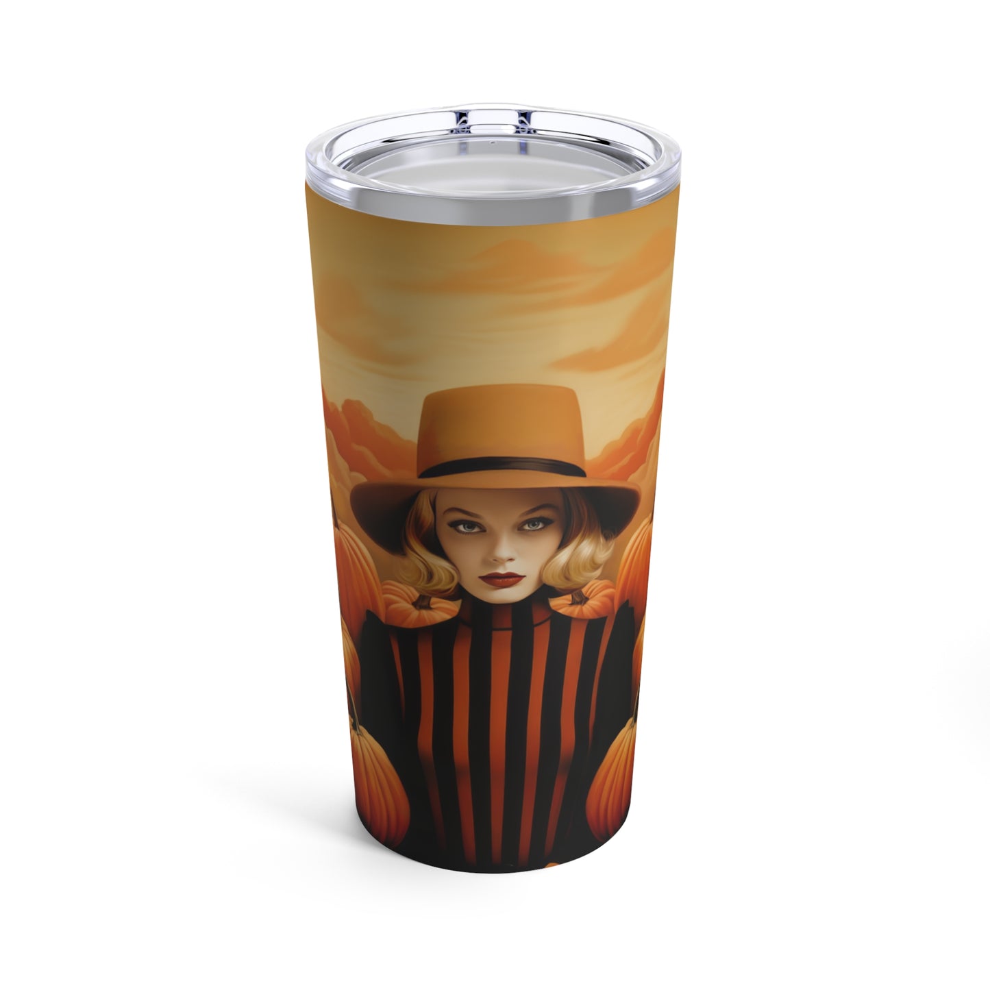 Retro inspired art print of a woman on a Tumbler 20 oz; Tumbler Autumn Vibes 20oz - Halloween - by Pink Power Studio #gift for girlfriend #gift for wife #birthday gift #gift for her #70s #70ies