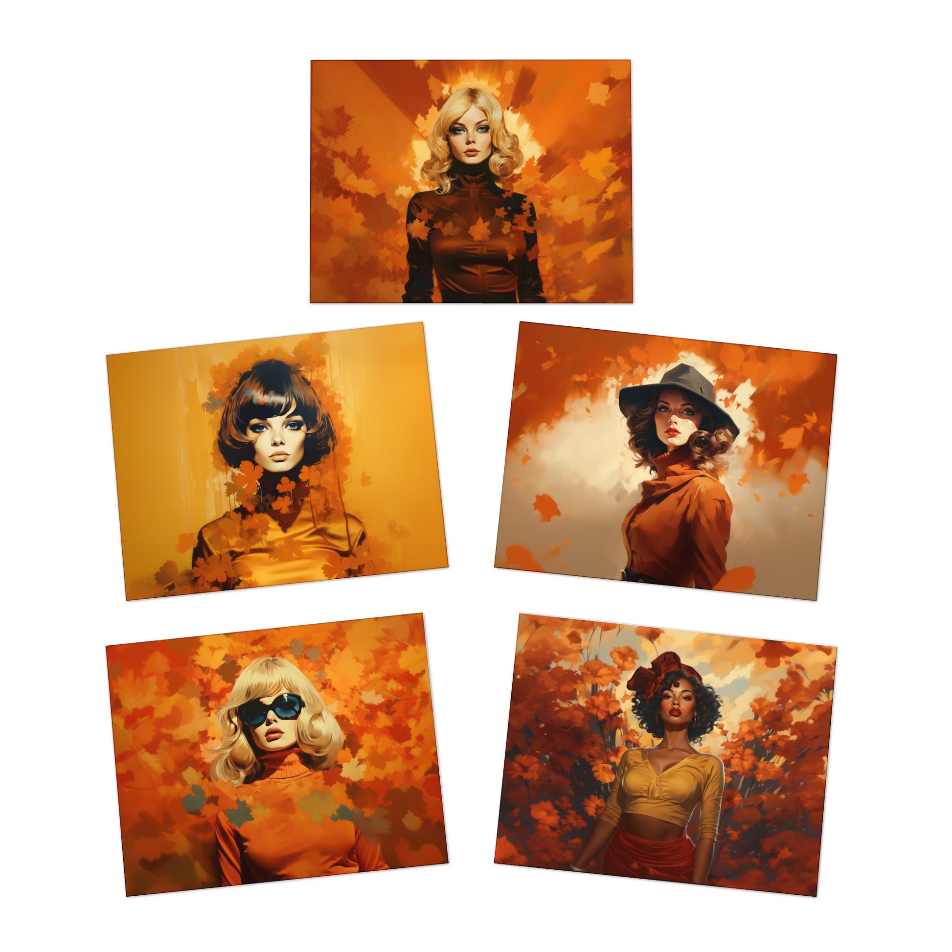 Retro inspired art print of a woman on a Paper products; Greeting Card Set Autumn Vibes (5 pcs) - by Pink Power Studio #gift for girlfriend #gift for wife #birthday gift #gift for her #70s #70ies