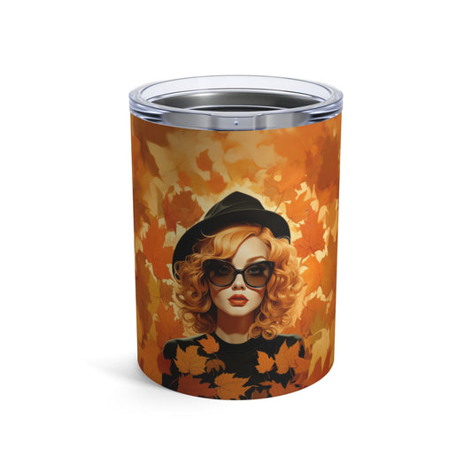 Retro inspired art print of a woman on a Tumbler 10oz; Tumbler Autumn Vibes 10oz - by Pink Power Studio #gift for girlfriend #gift for wife #birthday gift #gift for her #70s #70ies