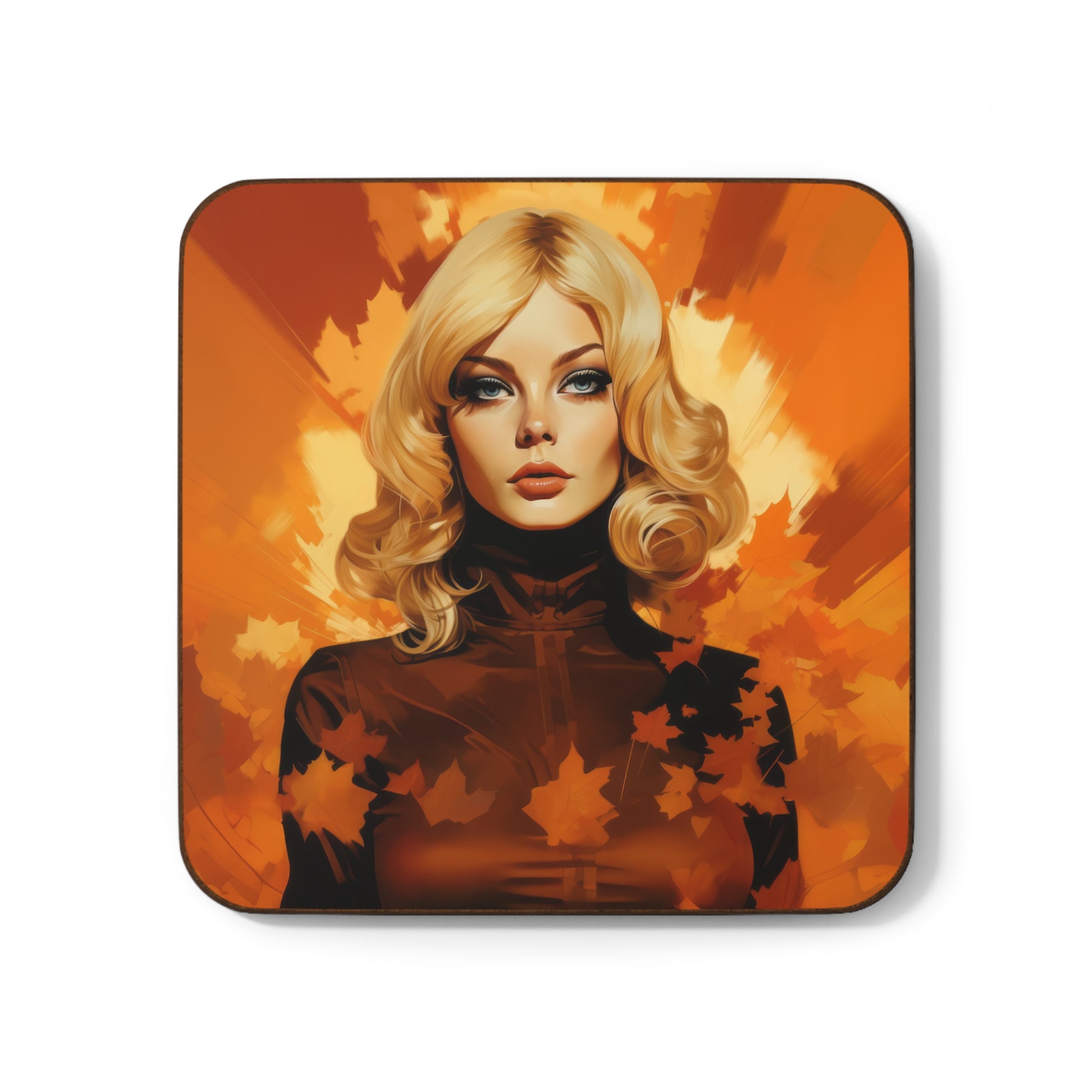 Retro inspired art print of a woman on a Home Decor; Coaster Autumn Vibes - by Pink Power Studio #gift for girlfriend #gift for wife #birthday gift #gift for her #70s #70ies