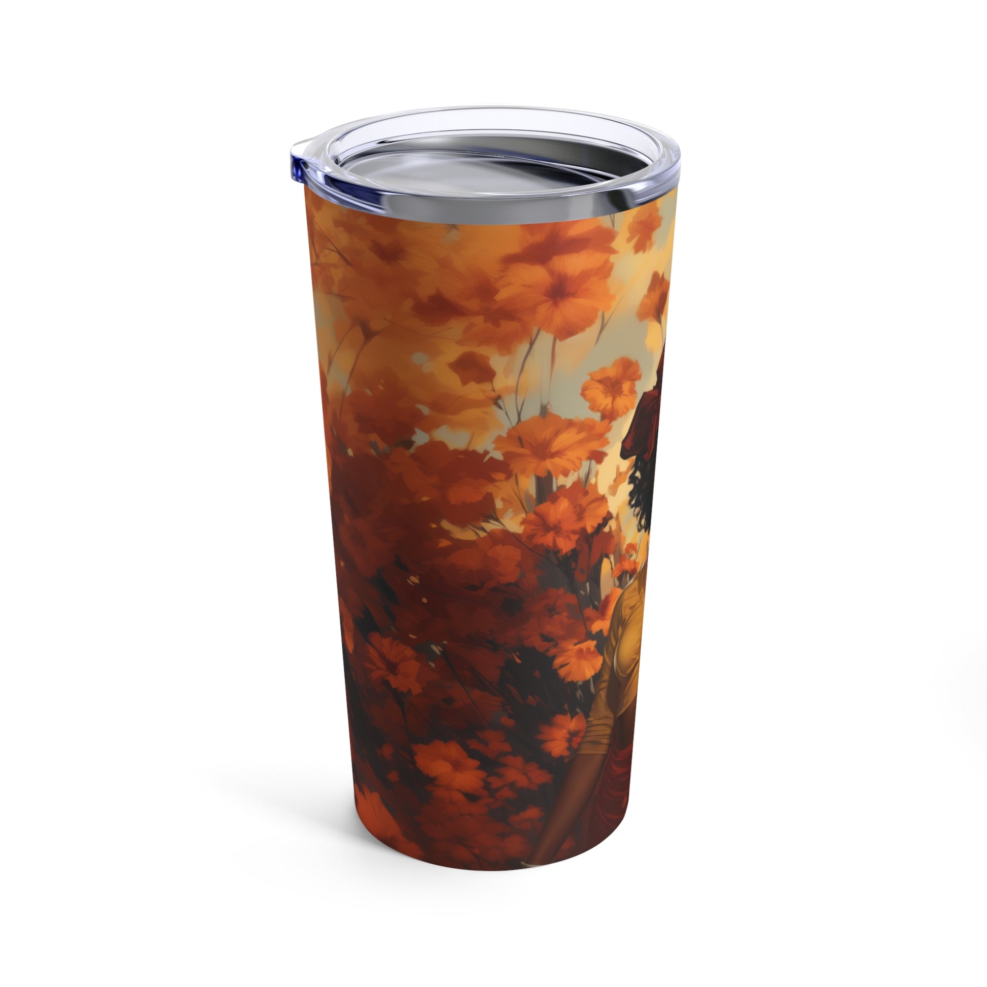 Retro inspired art print of a woman on a Tumbler 20oz; Tumbler Autumn Vibes 20oz - by Pink Power Studio #gift for girlfriend #gift for wife #birthday gift #gift for her #70s #70ies