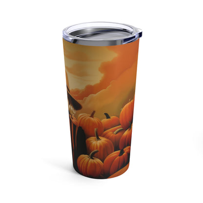 Retro inspired art print of a woman on a Tumbler 20 oz; Tumbler Autumn Vibes 20oz - Halloween - by Pink Power Studio #gift for girlfriend #gift for wife #birthday gift #gift for her #70s #70ies