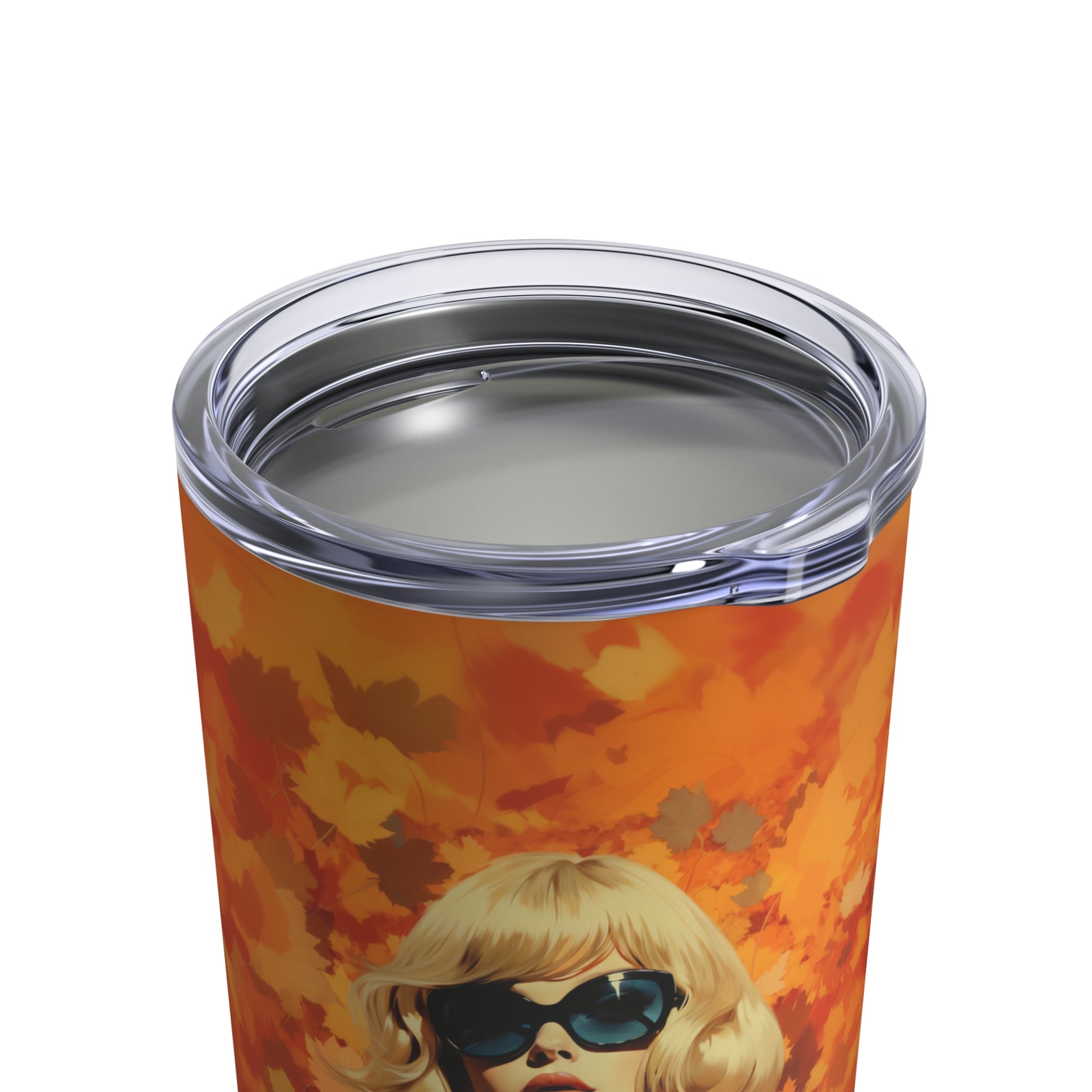 Retro inspired art print of a woman on a Tumbler 10oz; Tumbler Autumn Vibes 10oz - by Pink Power Studio #gift for girlfriend #gift for wife #birthday gift #gift for her #70s #70ies