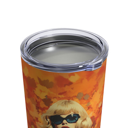 Retro inspired art print of a woman on a Tumbler 10oz; Tumbler Autumn Vibes 10oz - by Pink Power Studio #gift for girlfriend #gift for wife #birthday gift #gift for her #70s #70ies