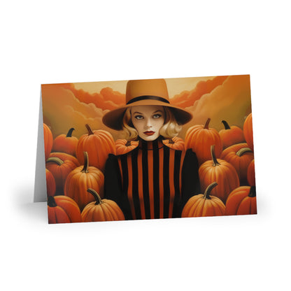 Retro inspired art print of a woman on a Greeting Card; Greeting Cards Autumn Vibes (1 or 10 pcs) - Halloween - by Pink Power Studio #gift for girlfriend #gift for wife #birthday gift #gift for her #70s #70ies