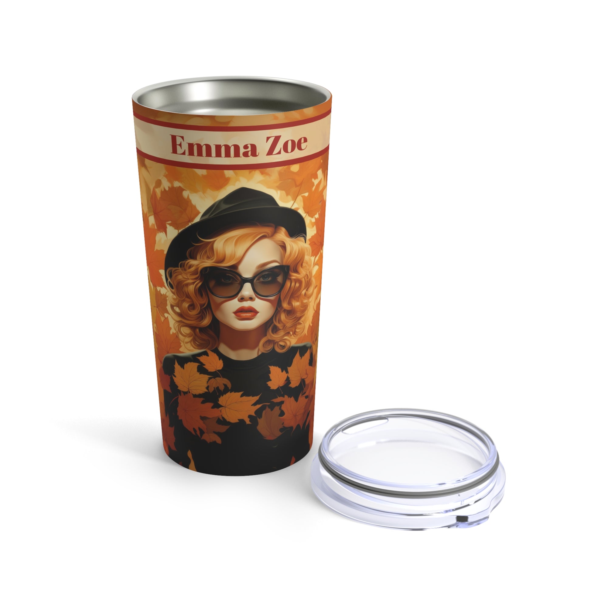 Retro inspired art print of a woman on a Tumbler 20oz; Personalized Tumbler Autumn Vibes 20oz - by Pink Power Studio #gift for girlfriend #gift for wife #birthday gift #gift for her #70s #70ies