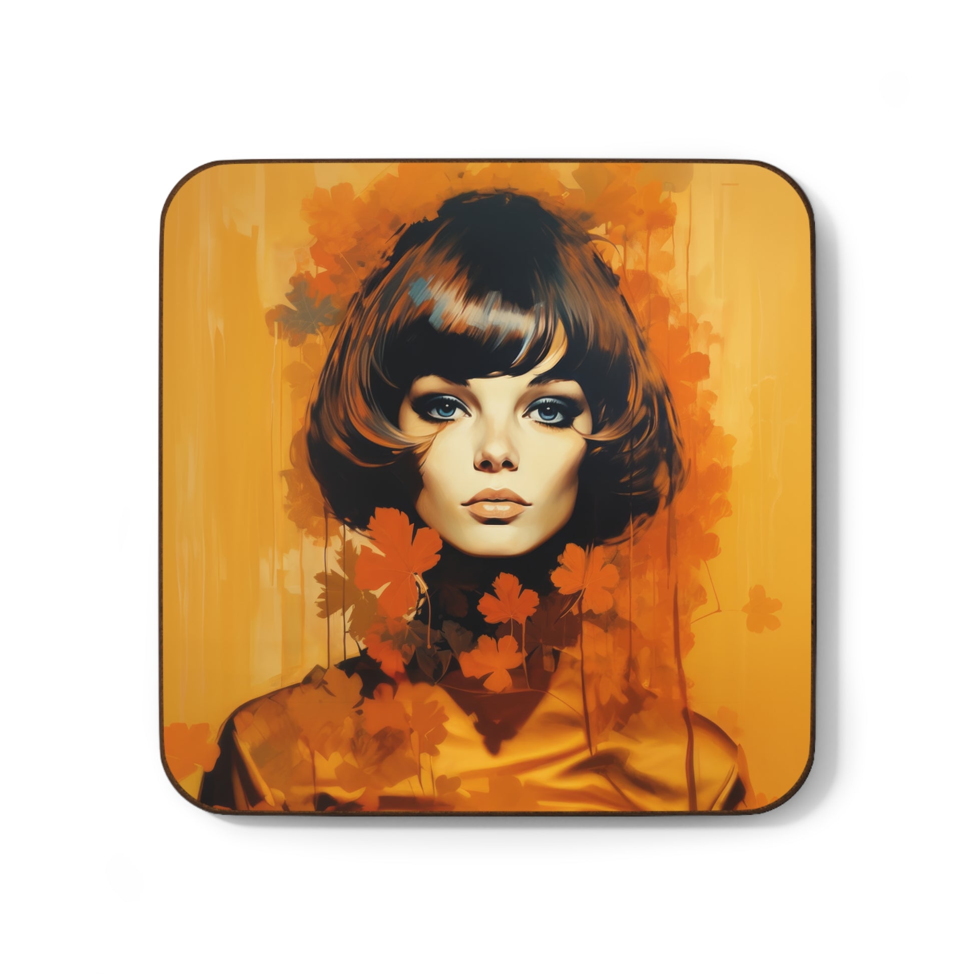 Retro inspired art print of a woman on a Home Decor; Coaster Autumn Vibes - by Pink Power Studio #gift for girlfriend #gift for wife #birthday gift #gift for her #70s #70ies