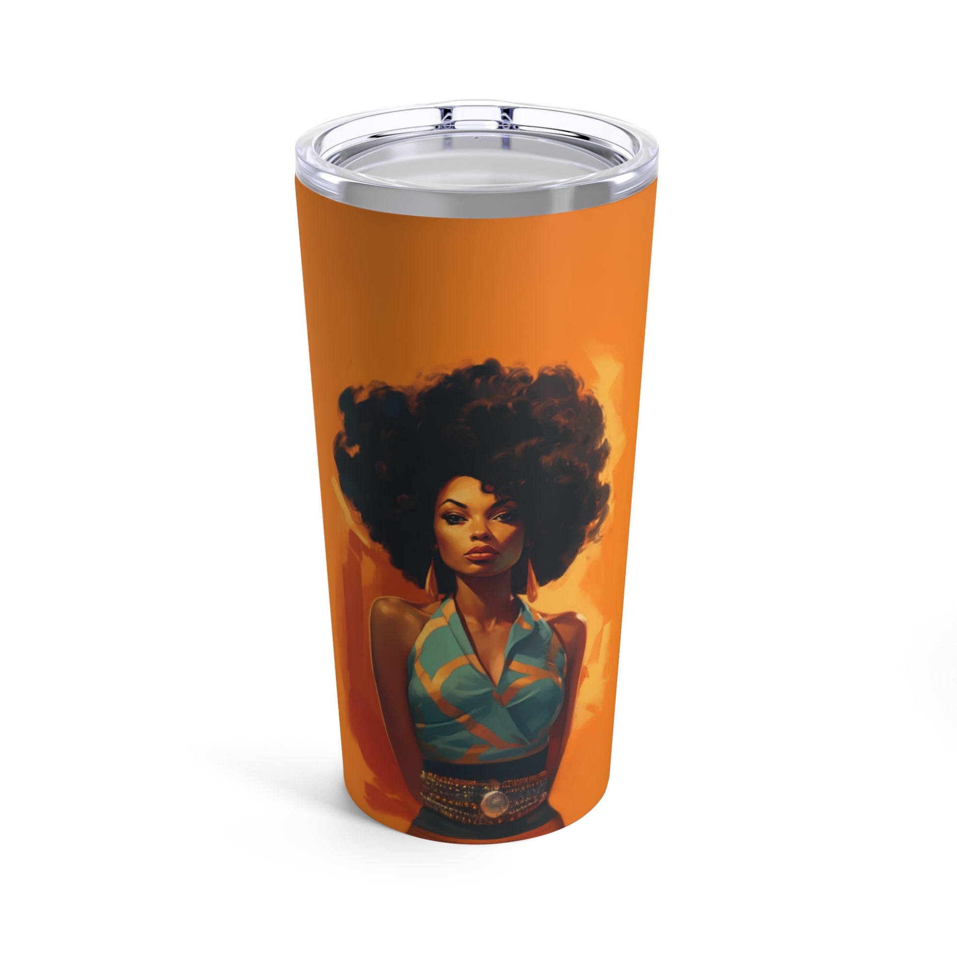 Retro inspired art print of a woman on a Tumbler 20oz; Tumbler Autumn Vibes 20oz - by Pink Power Studio #gift for girlfriend #gift for wife #birthday gift #gift for her #70s #70ies