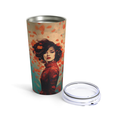 Retro inspired art print of a woman on a Tumbler 20oz; Tumbler Autumn Vibes 20oz - by Pink Power Studio #gift for girlfriend #gift for wife #birthday gift #gift for her #70s #70ies