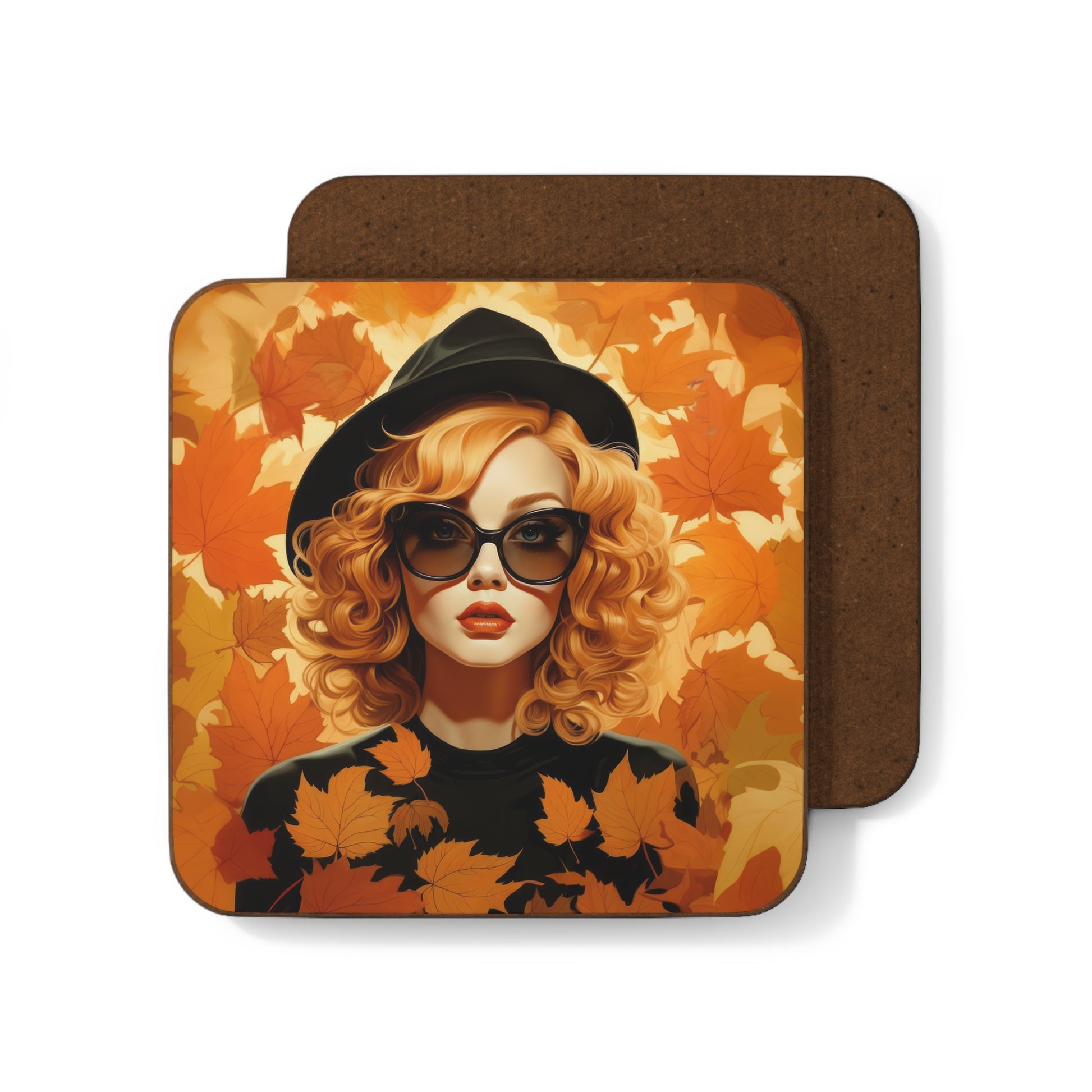 Retro inspired art print of a woman on a Home Decor; Coaster Autumn Vibes - by Pink Power Studio #gift for girlfriend #gift for wife #birthday gift #gift for her #70s #70ies