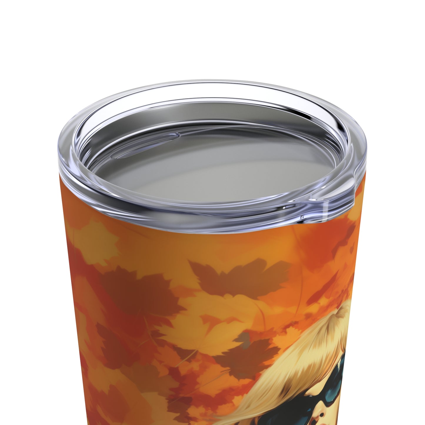 Retro inspired art print of a woman on a Tumbler 20oz; Tumbler Autumn Vibes 20oz - by Pink Power Studio #gift for girlfriend #gift for wife #birthday gift #gift for her #70s #70ies