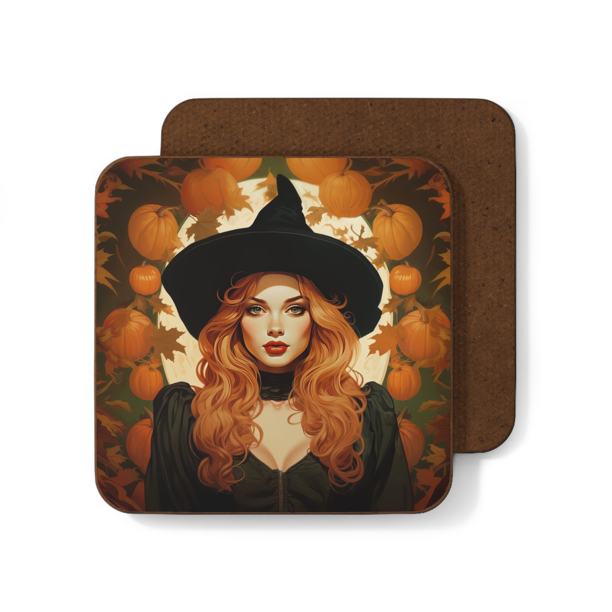 Retro inspired art print of a woman on a Home Decor; Coaster Autumn Vibes - Halloween - by Pink Power Studio #gift for girlfriend #gift for wife #birthday gift #gift for her #70s #70ies