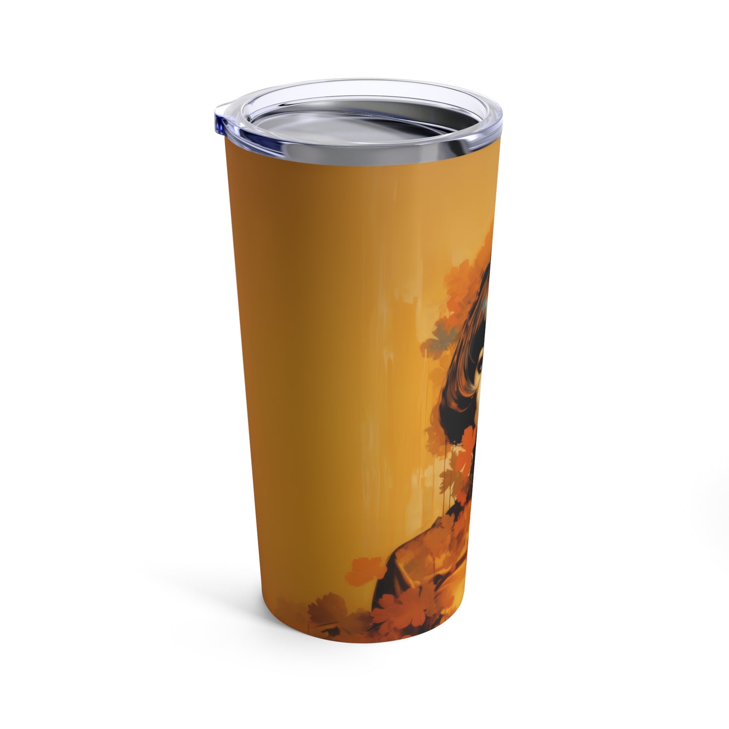 Retro inspired art print of a woman on a Tumbler 20oz; Tumbler Autumn Vibes 20oz - by Pink Power Studio #gift for girlfriend #gift for wife #birthday gift #gift for her #70s #70ies