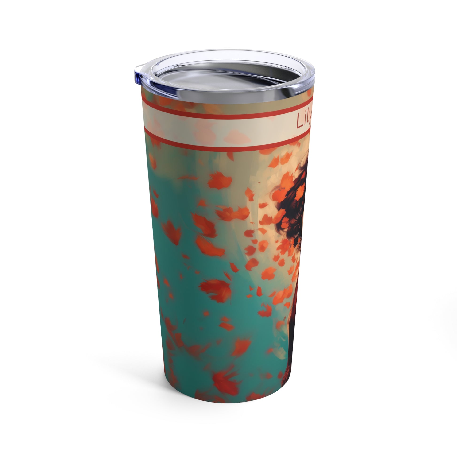 Retro inspired art print of a woman on a Tumbler 20oz; Personalized Tumbler Autumn Vibes 20oz - by Pink Power Studio #gift for girlfriend #gift for wife #birthday gift #gift for her #70s #70ies