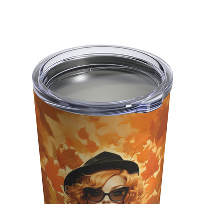 Retro inspired art print of a woman on a Tumbler 10oz; Tumbler Autumn Vibes 10oz - by Pink Power Studio #gift for girlfriend #gift for wife #birthday gift #gift for her #70s #70ies