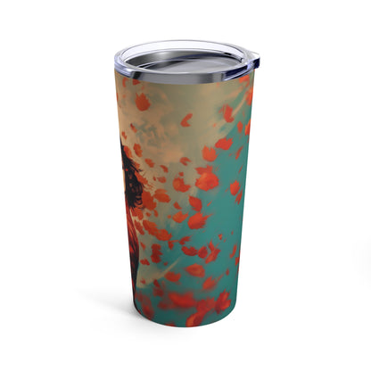 Retro inspired art print of a woman on a Tumbler 20oz; Tumbler Autumn Vibes 20oz - by Pink Power Studio #gift for girlfriend #gift for wife #birthday gift #gift for her #70s #70ies