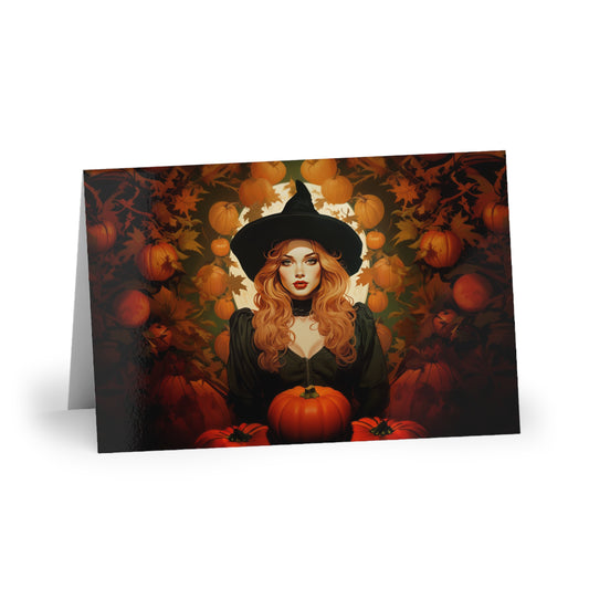 Retro inspired art print of a woman on a Greeting Card; Greeting Cards Autumn Vibes (1 or 10 pcs) - by Pink Power Studio #gift for girlfriend #gift for wife #birthday gift #gift for her #70s #70ies