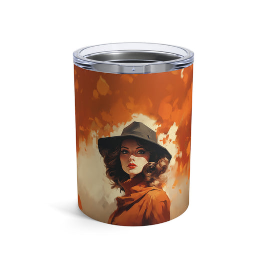 Retro inspired art print of a woman on a Tumbler 10oz; Tumbler Autumn Vibes 10oz - by Pink Power Studio #gift for girlfriend #gift for wife #birthday gift #gift for her #70s #70ies