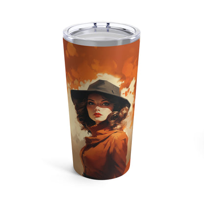 Retro inspired art print of a woman on a Tumbler 20oz; Tumbler Autumn Vibes 20oz - by Pink Power Studio #gift for girlfriend #gift for wife #birthday gift #gift for her #70s #70ies