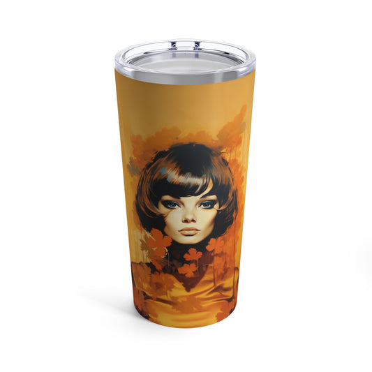 Retro inspired art print of a woman on a Tumbler 20oz; Tumbler Autumn Vibes 20oz - by Pink Power Studio #gift for girlfriend #gift for wife #birthday gift #gift for her #70s #70ies