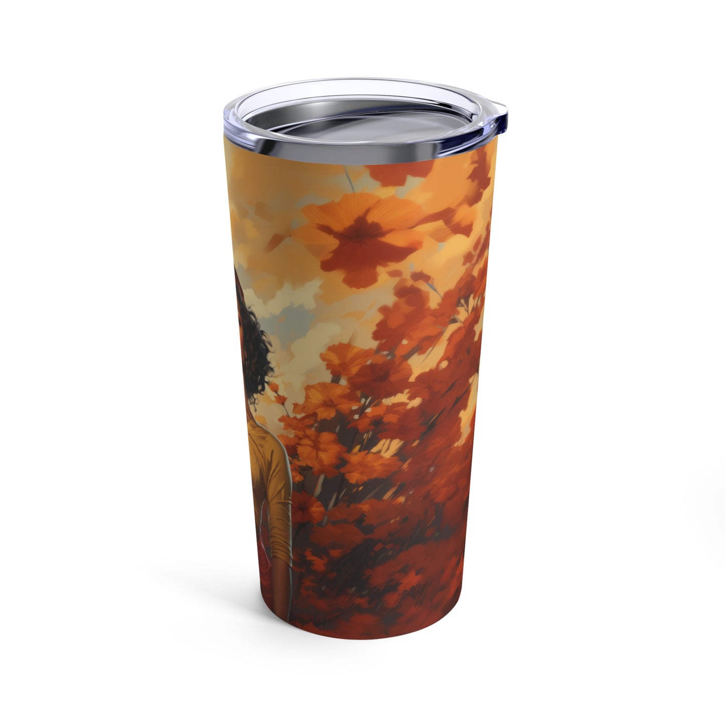 Retro inspired art print of a woman on a Tumbler 20oz; Tumbler Autumn Vibes 20oz - by Pink Power Studio #gift for girlfriend #gift for wife #birthday gift #gift for her #70s #70ies