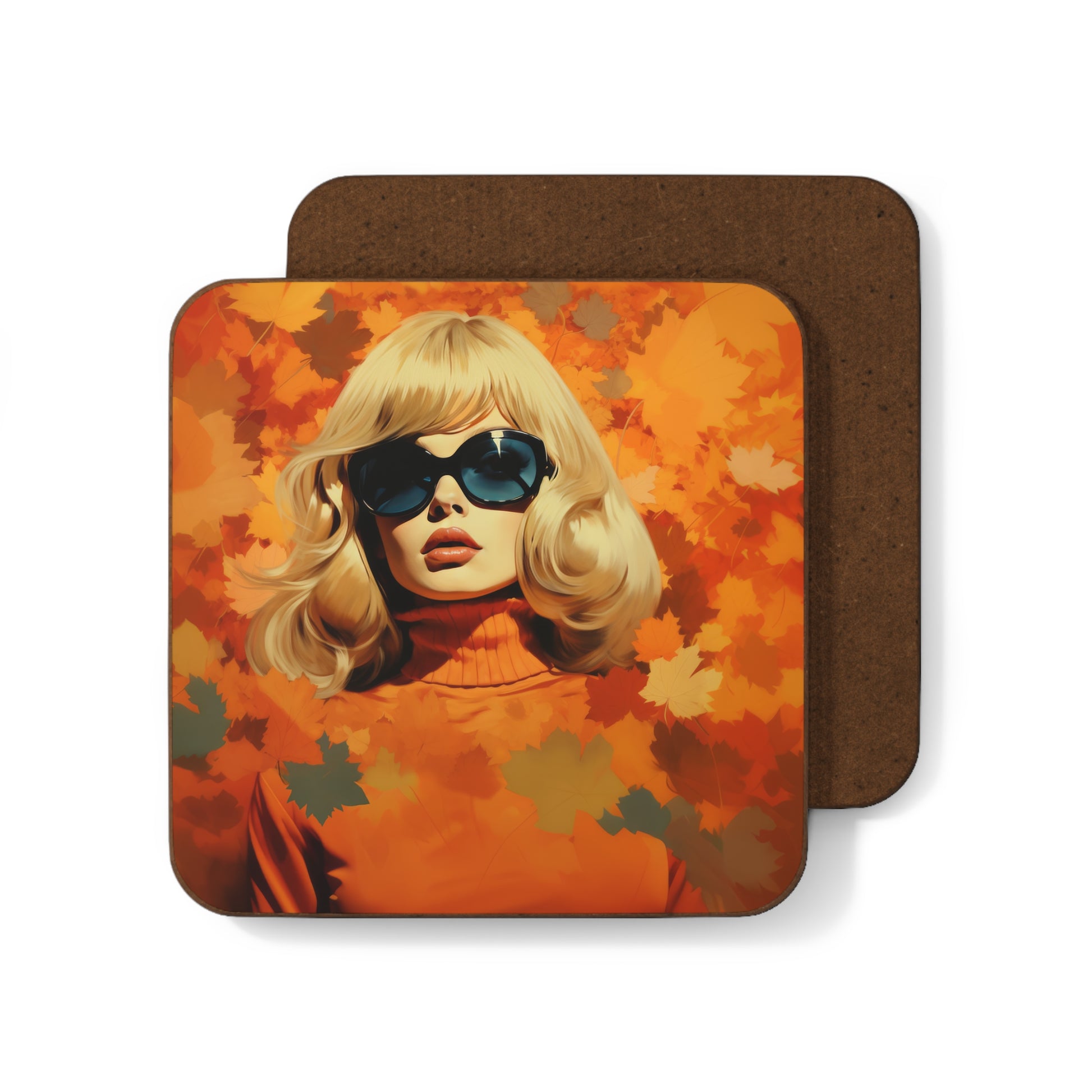 Retro inspired art print of a woman on a Home Decor; Coaster Autumn Vibes - by Pink Power Studio #gift for girlfriend #gift for wife #birthday gift #gift for her #70s #70ies