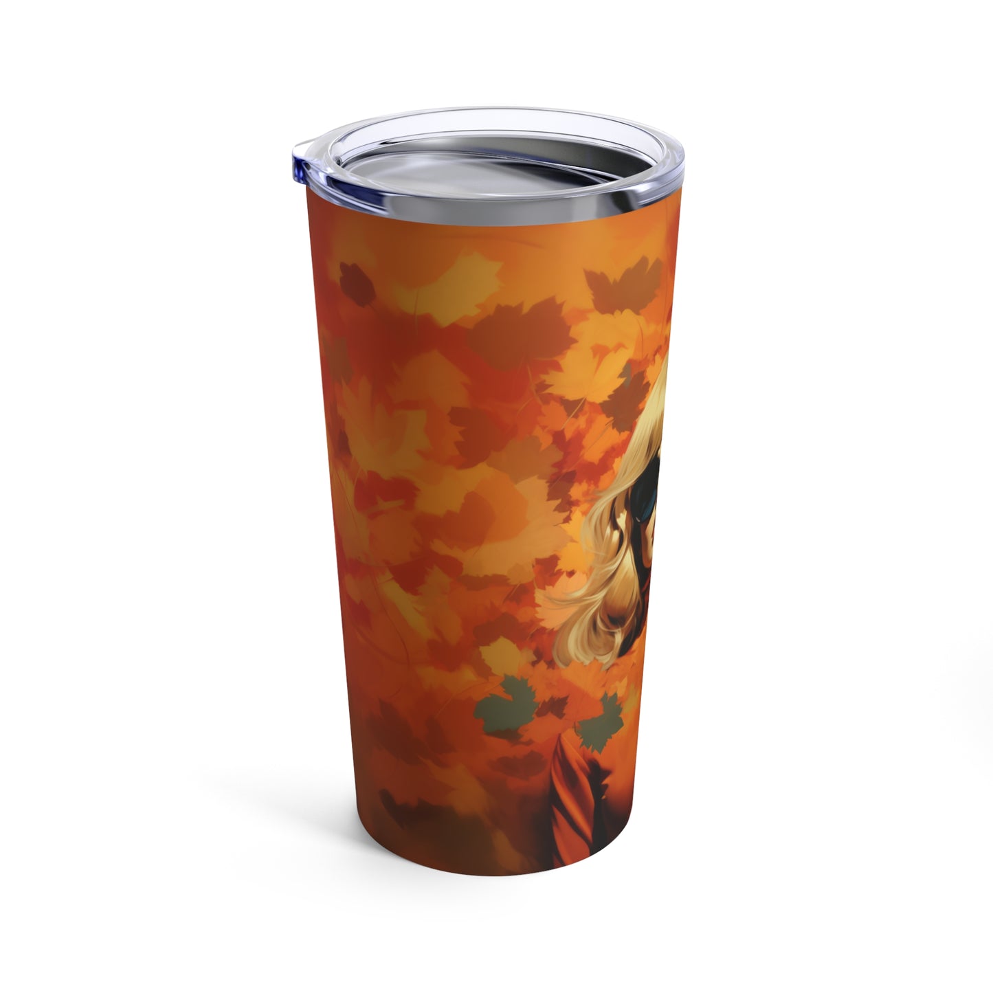 Retro inspired art print of a woman on a Tumbler 20oz; Tumbler Autumn Vibes 20oz - by Pink Power Studio #gift for girlfriend #gift for wife #birthday gift #gift for her #70s #70ies