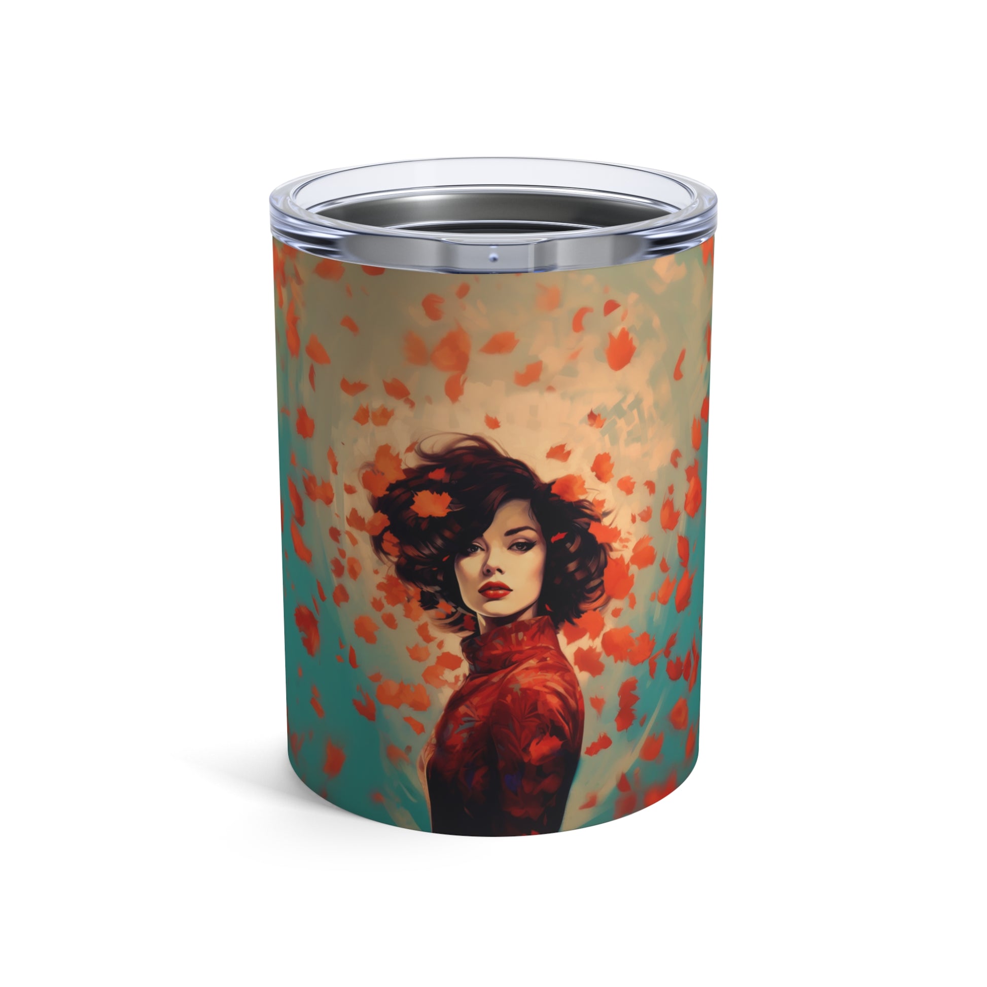 Retro inspired art print of a woman on a Tumbler 10oz; Tumbler Autumn Vibes 10oz - by Pink Power Studio #gift for girlfriend #gift for wife #birthday gift #gift for her #70s #70ies