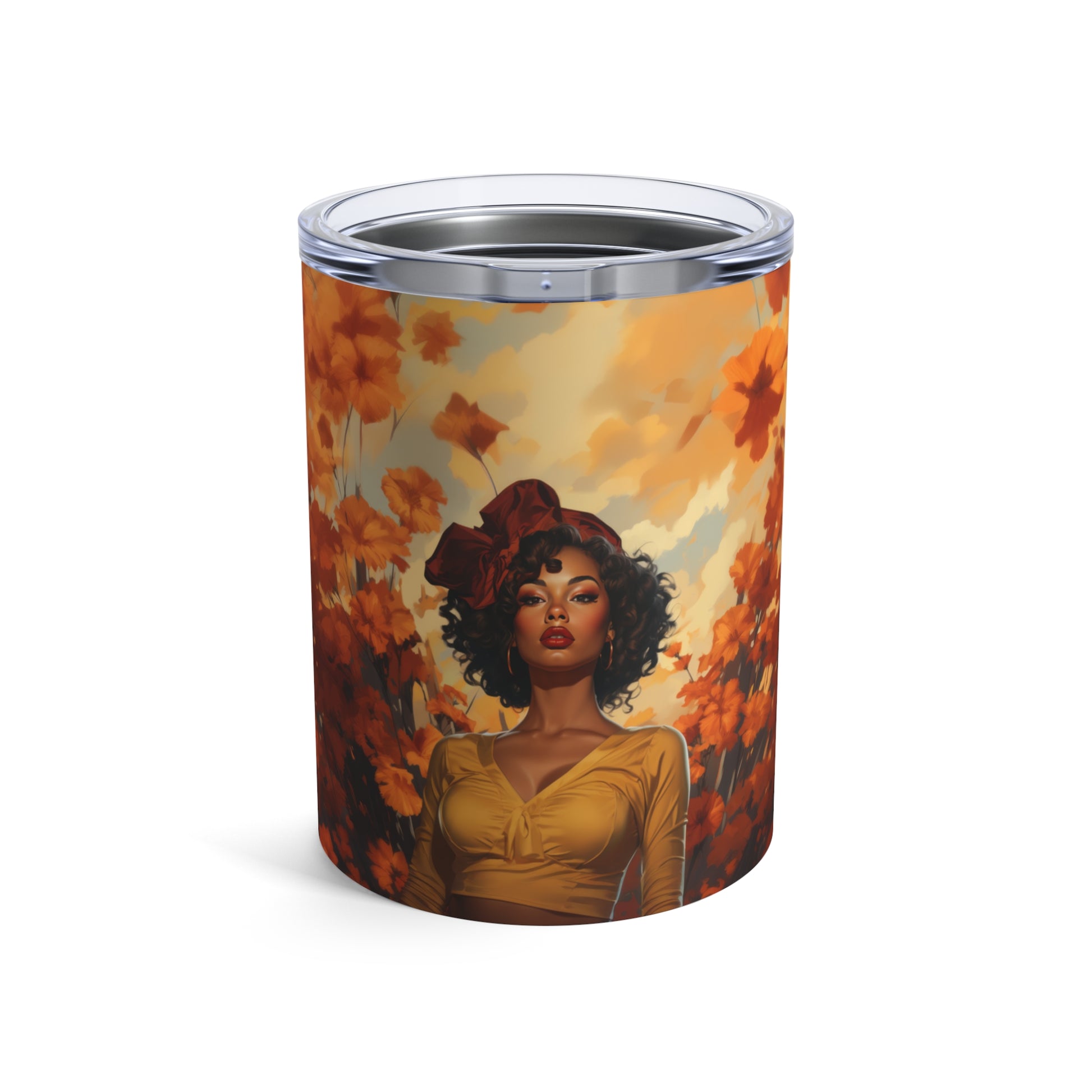 Retro inspired art print of a woman on a Tumbler 10oz; Tumbler Autumn Vibes 10oz - by Pink Power Studio #gift for girlfriend #gift for wife #birthday gift #gift for her #70s #70ies