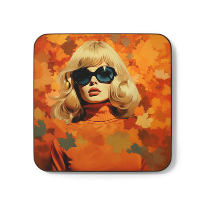 Retro inspired art print of a woman on a Home Decor; Coaster Autumn Vibes - by Pink Power Studio #gift for girlfriend #gift for wife #birthday gift #gift for her #70s #70ies