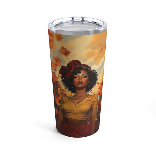 Retro inspired art print of a woman on a Tumbler 20oz; Tumbler Autumn Vibes 20oz - by Pink Power Studio #gift for girlfriend #gift for wife #birthday gift #gift for her #70s #70ies