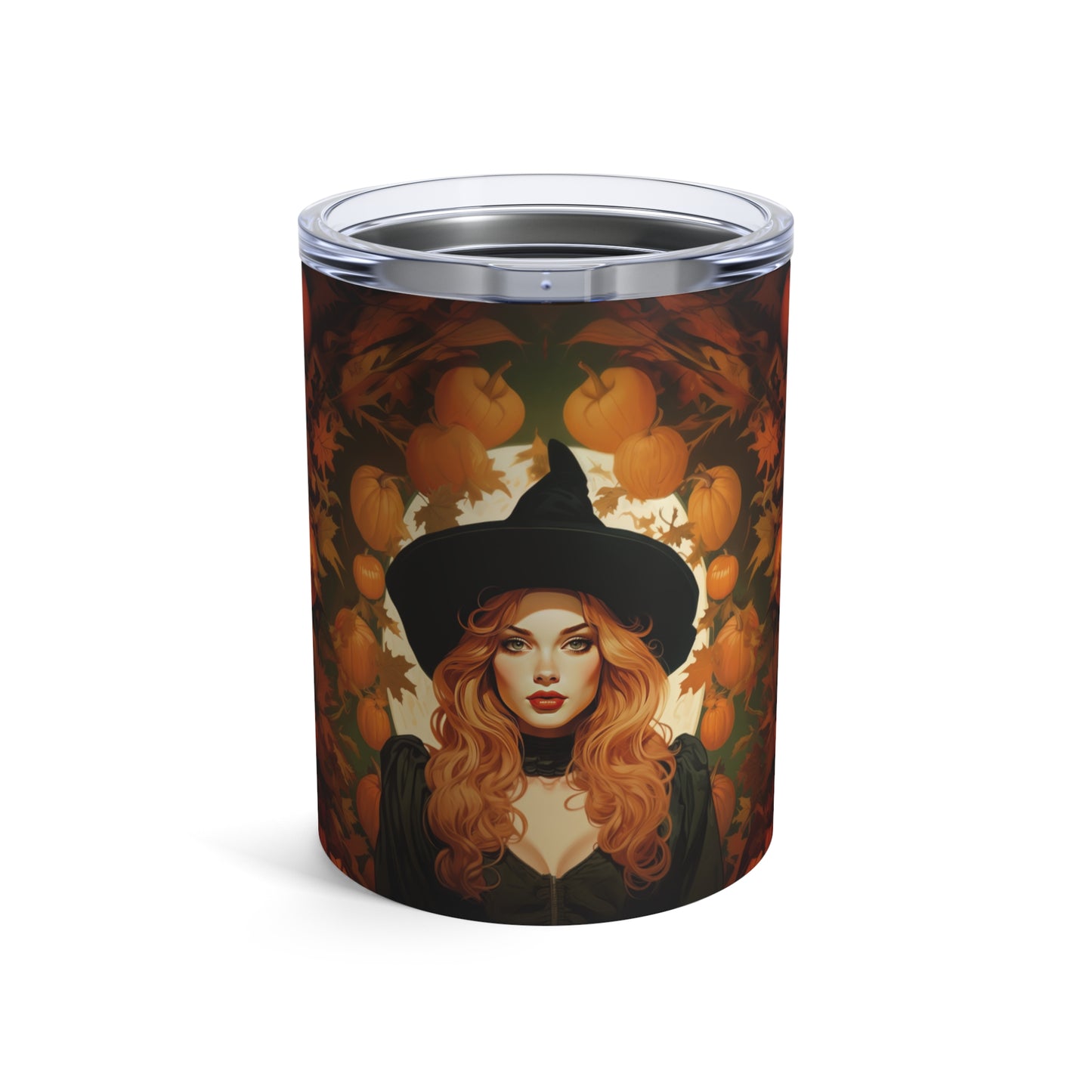 Retro inspired art print of a woman on a Tumbler 10oz; Tumbler Autumn Vibes 10oz - Halloween - by Pink Power Studio #gift for girlfriend #gift for wife #birthday gift #gift for her #70s #70ies