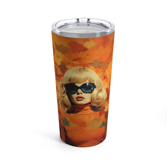 Retro inspired art print of a woman on a Tumbler 20oz; Tumbler Autumn Vibes 20oz - by Pink Power Studio #gift for girlfriend #gift for wife #birthday gift #gift for her #70s #70ies