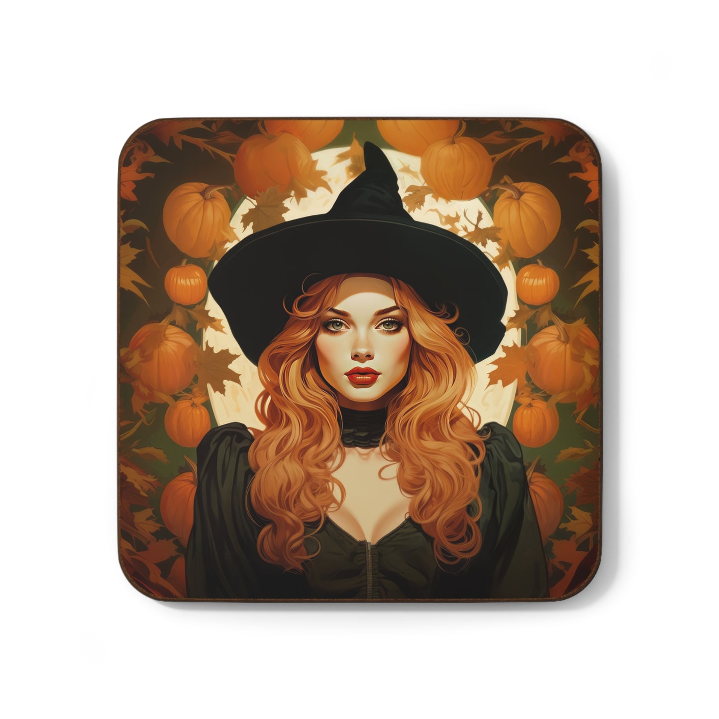 Retro inspired art print of a woman on a Home Decor; Coaster Autumn Vibes - Halloween - by Pink Power Studio #gift for girlfriend #gift for wife #birthday gift #gift for her #70s #70ies