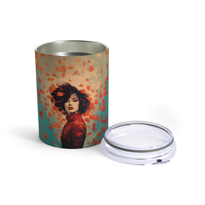 Retro inspired art print of a woman on a Tumbler 10oz; Tumbler Autumn Vibes 10oz - by Pink Power Studio #gift for girlfriend #gift for wife #birthday gift #gift for her #70s #70ies