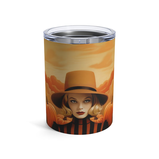 Retro inspired art print of a woman on a Tumbler 10oz; Tumbler Autumn Vibes 10oz - Halloween - by Pink Power Studio #gift for girlfriend #gift for wife #birthday gift #gift for her #70s #70ies