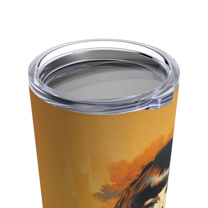 Retro inspired art print of a woman on a Tumbler 20oz; Tumbler Autumn Vibes 20oz - by Pink Power Studio #gift for girlfriend #gift for wife #birthday gift #gift for her #70s #70ies